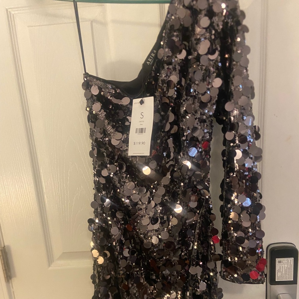 AKIRA Black One-Shoulder Sequin Asymmetrical Dress